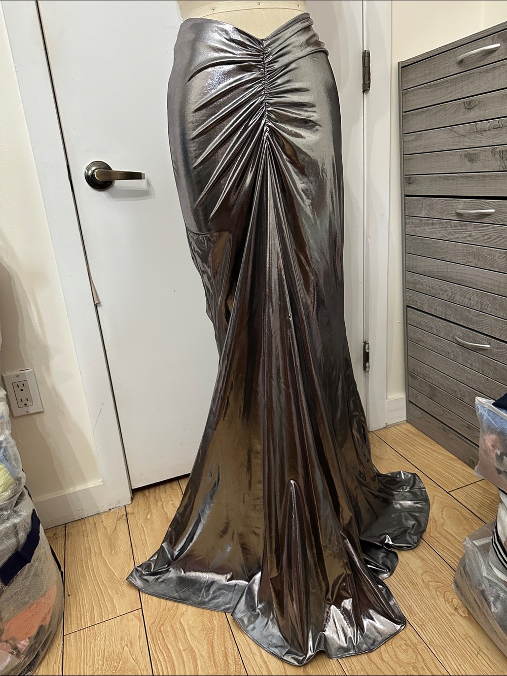 Metallic Silver Ruched Mermaid Skirt